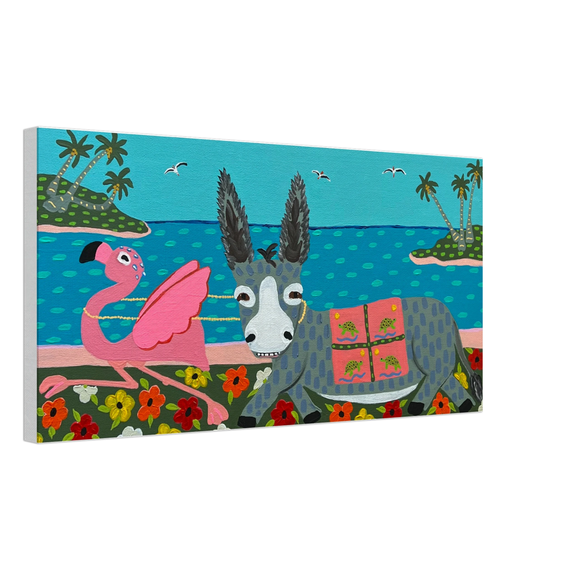 Colorful painting of a donkey and pink flamingo with a tropical background.