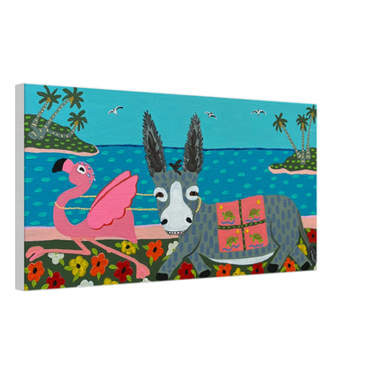 Colorful painting of a donkey and pink flamingo with a tropical background.