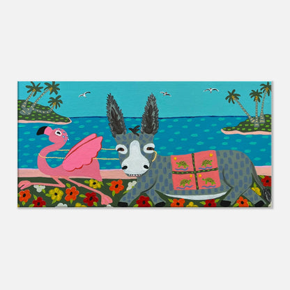 Painting of a donkey and pink flamingo on a beach with palm trees and blue sky.