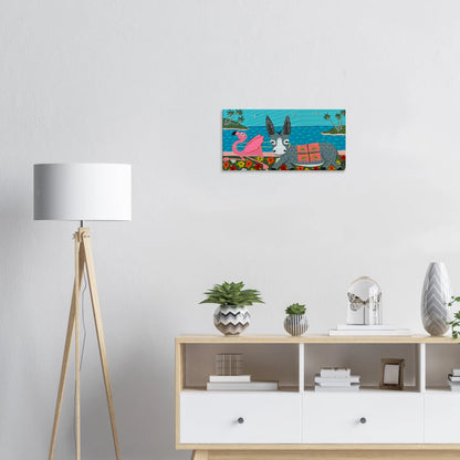 Decorative donkey and flamingo wall art above a white cabinet with a lamp and plants in a room.